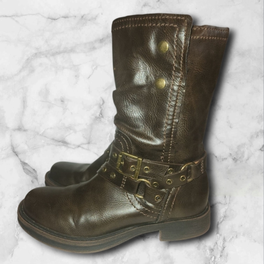 Zodiac Brown Combat Moto Boots with Buckle Details